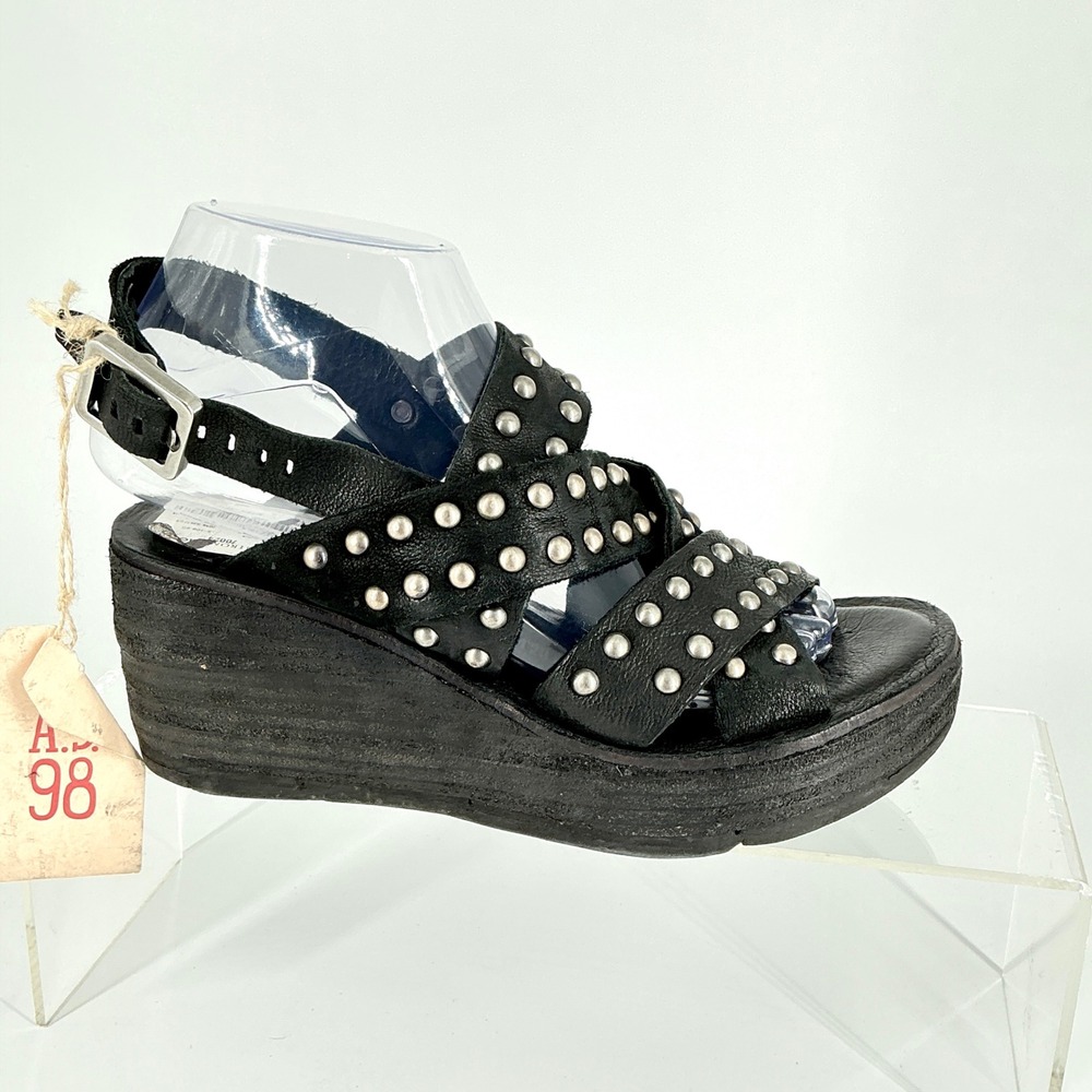 A.S.98 Size 36 US 5.5 6 Black Leather Studded Platform Wedge Sandals NEW $330